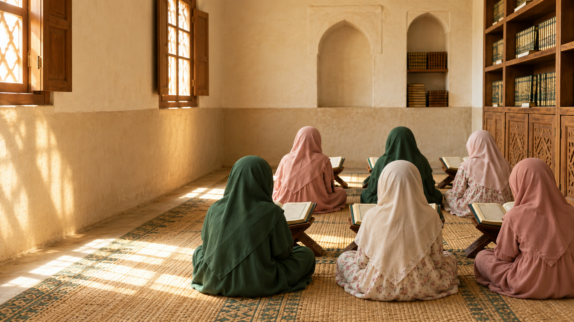 Girls in hijab reading the Quran at wooden stands in a sunlit classroom, seen from behind