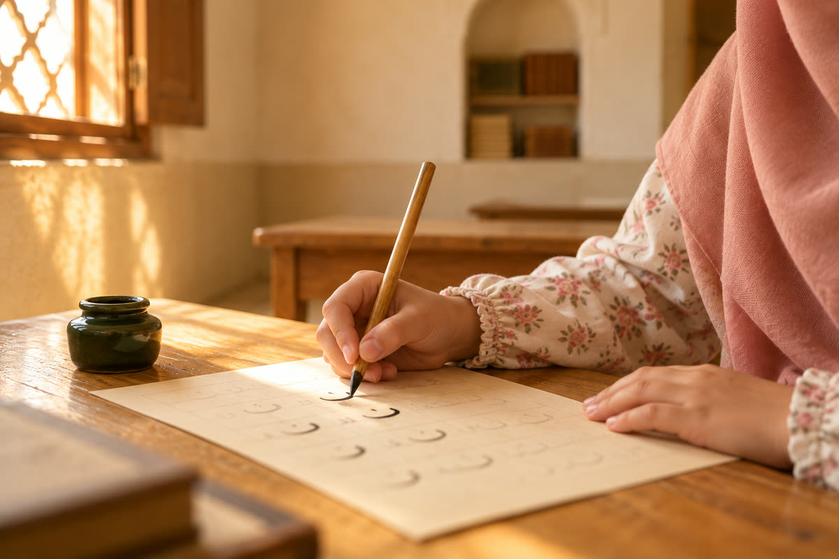 A girl’s hand writing Arabic letters with a reed pen