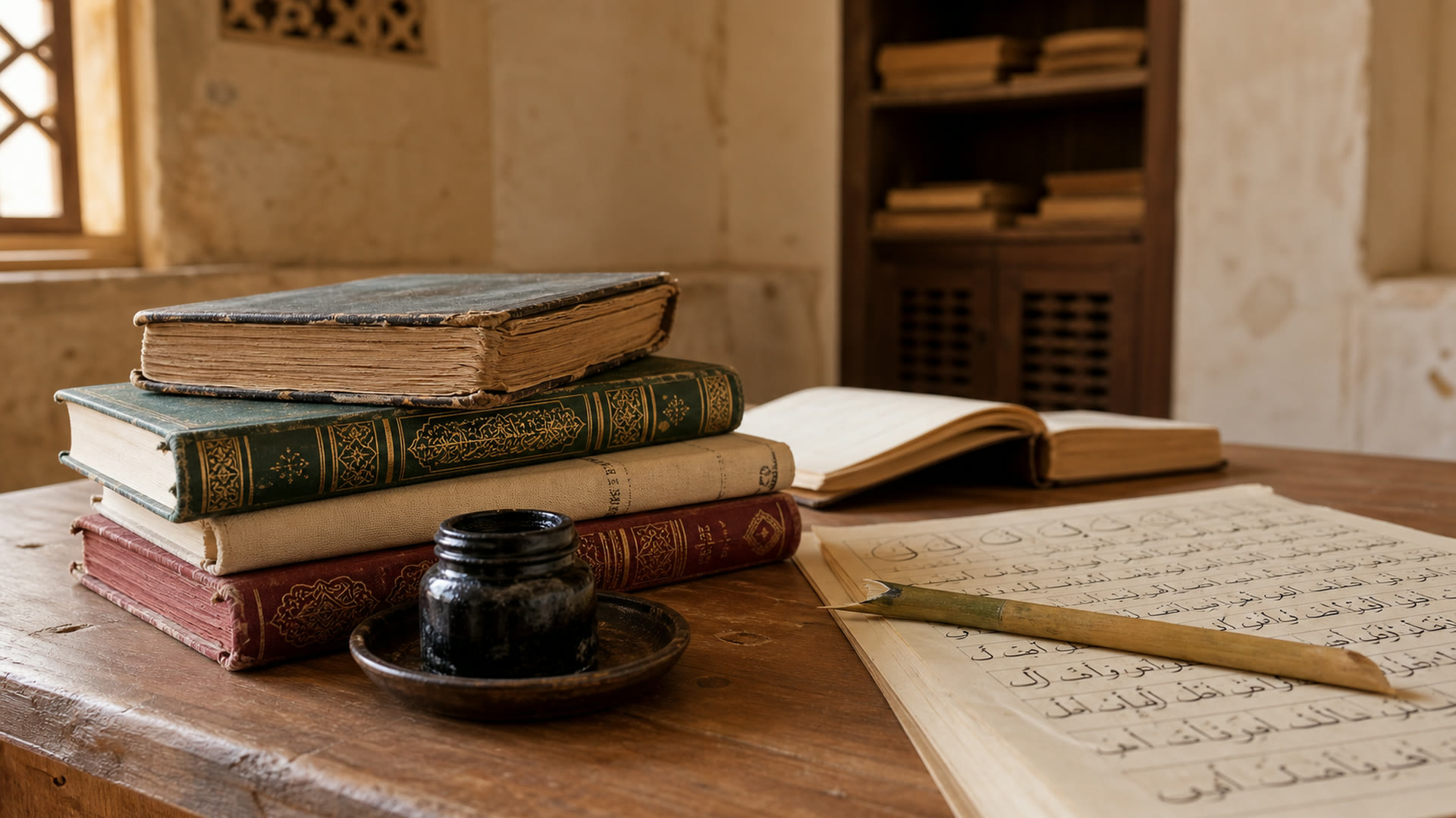 Old books, an inkwell and a reed pen on a wooden desk